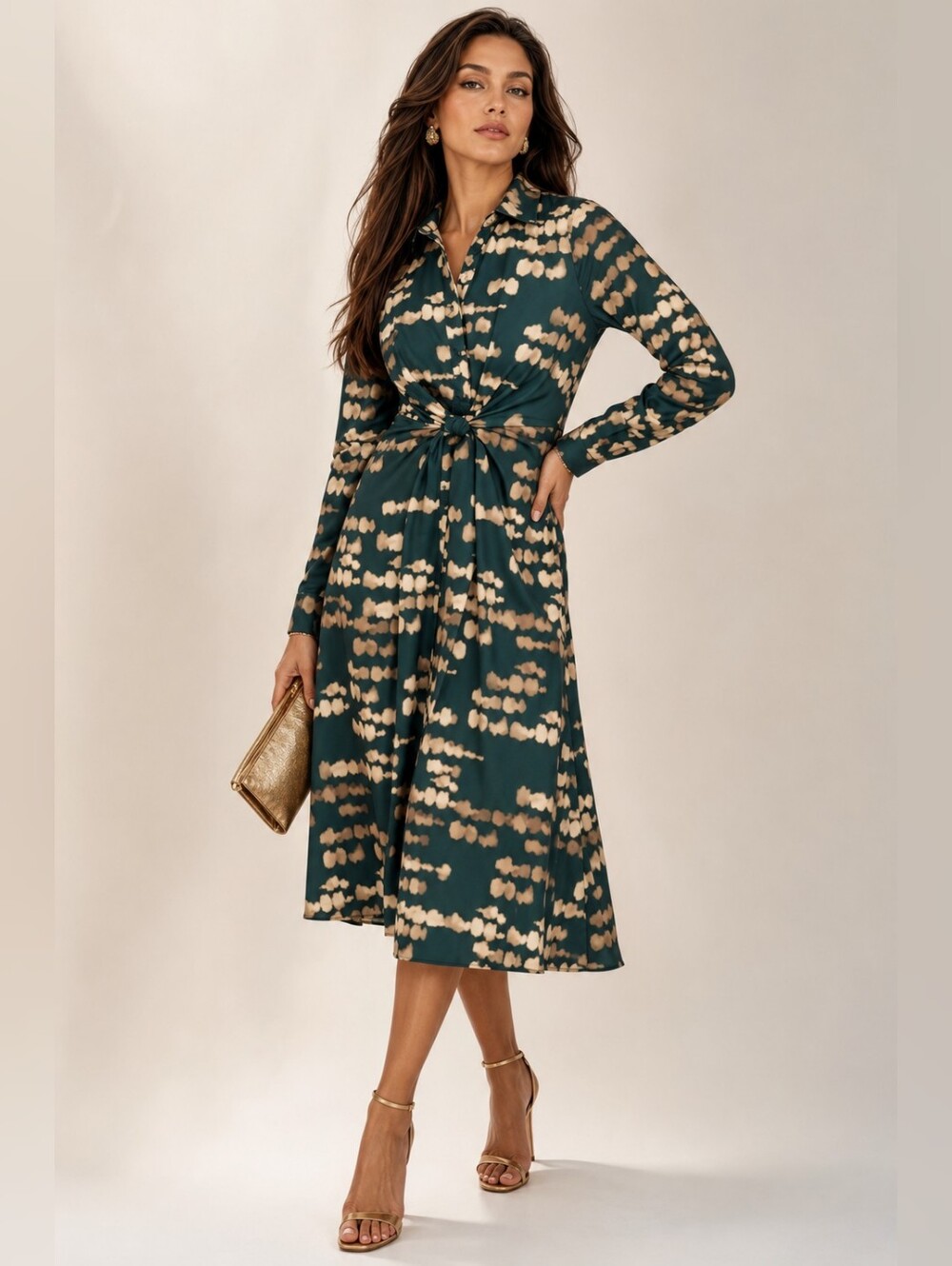 Donna Karan New York Satin A-Line Teal and Beige Midi Dress ✨ Size 10